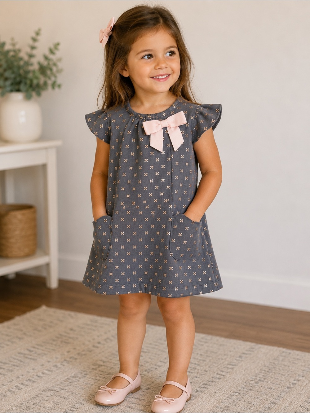 Catherine Malandrino Mini Dress | Size 4–5 Years | Gray & Rose Gold Bow Dress